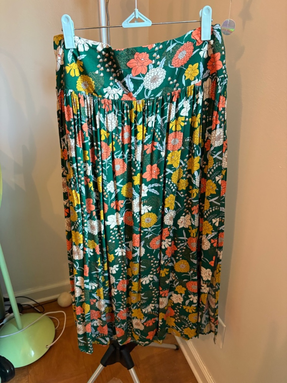 NATURAL LIFE Addie Green Floral Midi Skirt with Coral and Yellow Blooms